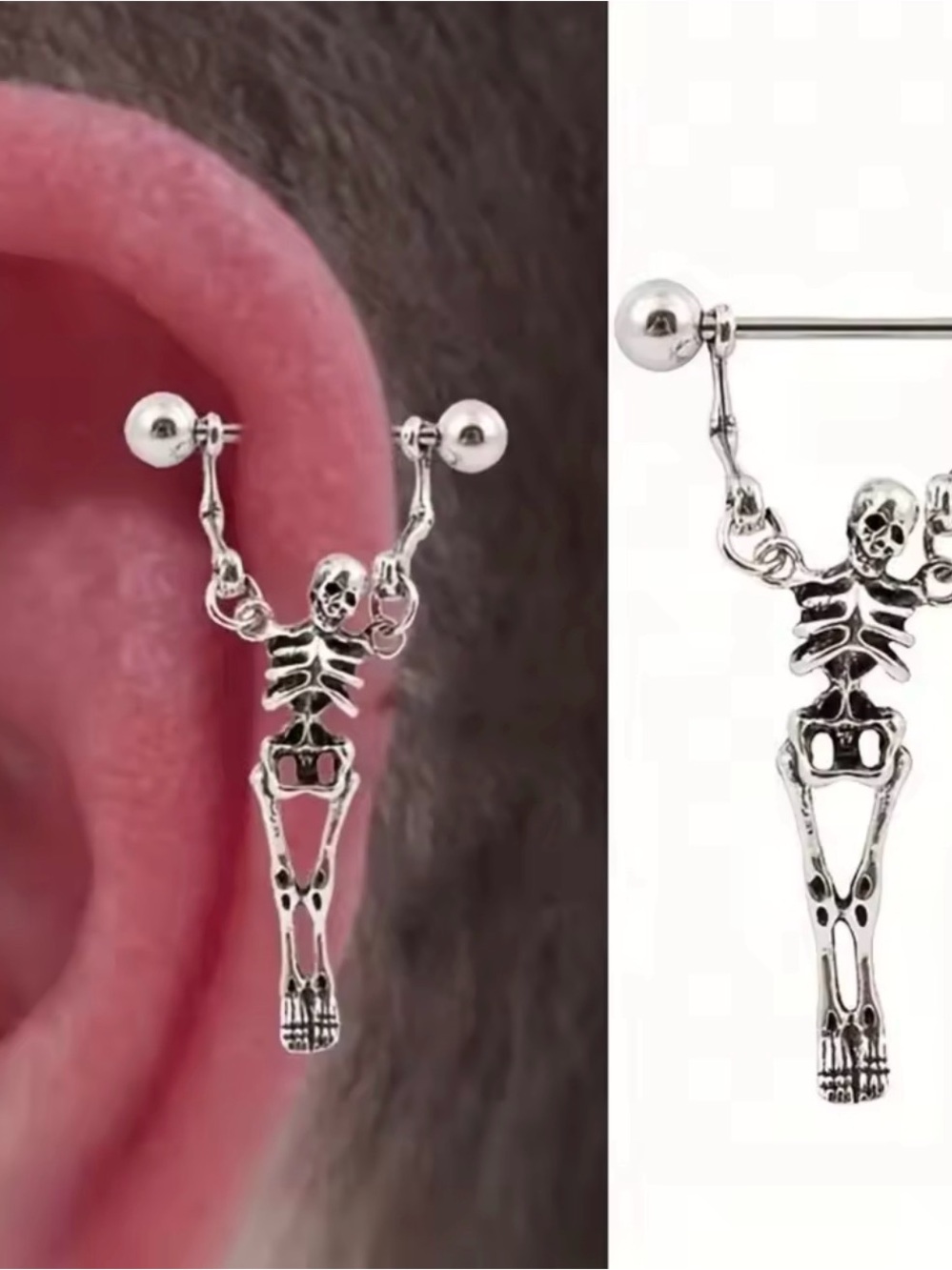 Skeleton Gothic Cosplay Punk Single Barbell Earring, Screw Back, 40mm
